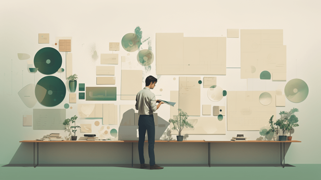 "Man die voor een groot bureau staat en een document bekijkt met een uitgebreide muurcollage van notities en schetsen erachter